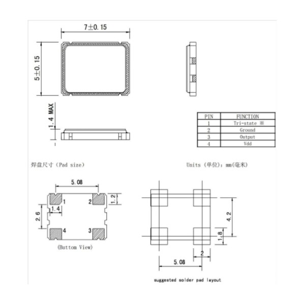 80MHz 有源晶体振荡器，SMD 7050 封装，3.3V，±20ppm